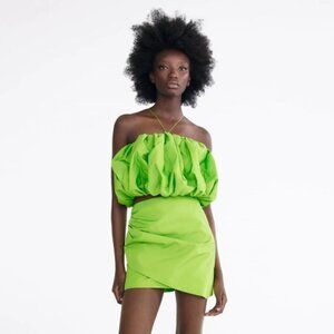 NWOT Zara lime green satin-effect gathered & draped high waisted mini skirt, S